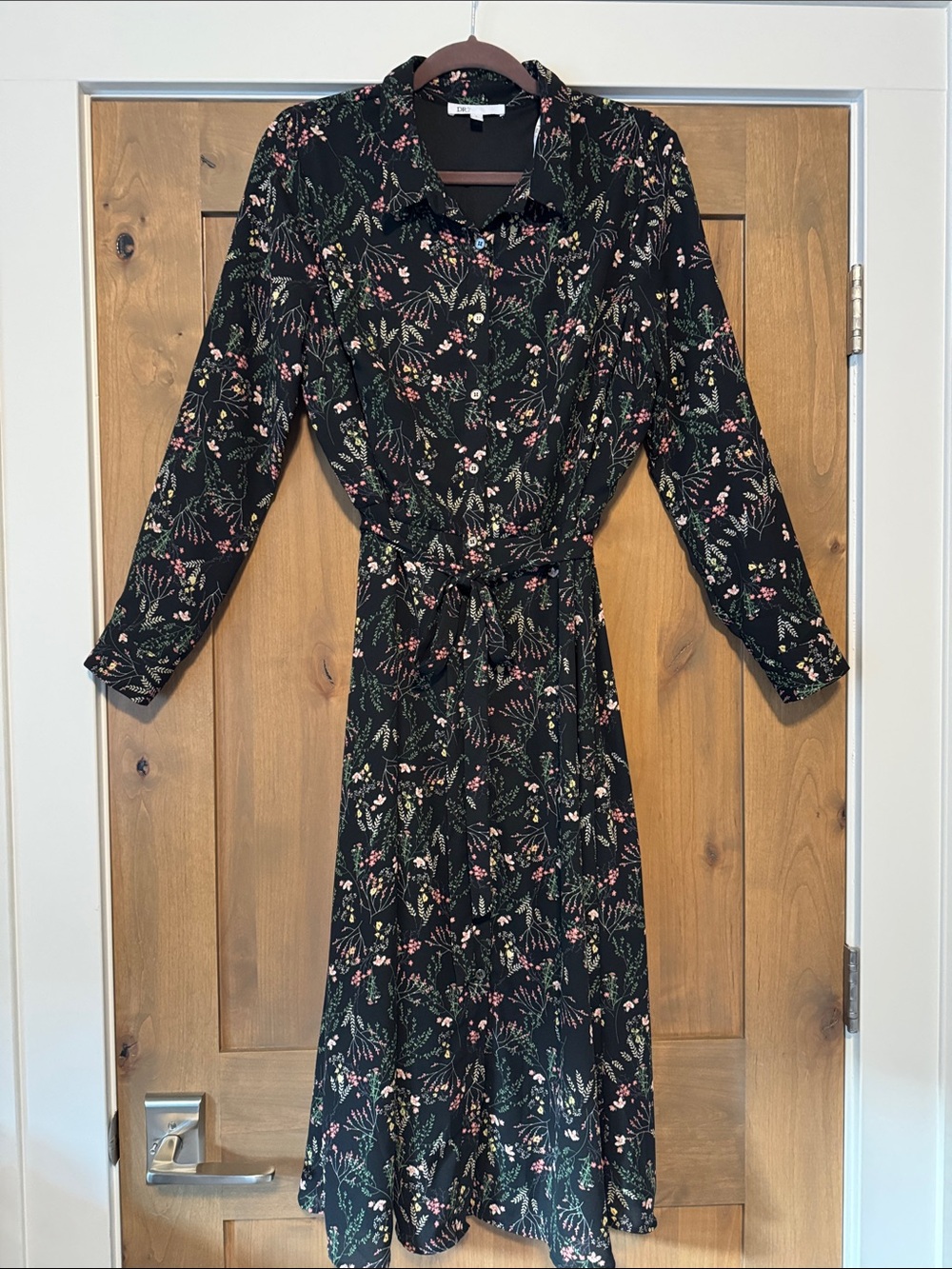 Dr2 by Daniel Rainn Floral Shirt Dress Womens L Midi Black/Multi Workwear Career